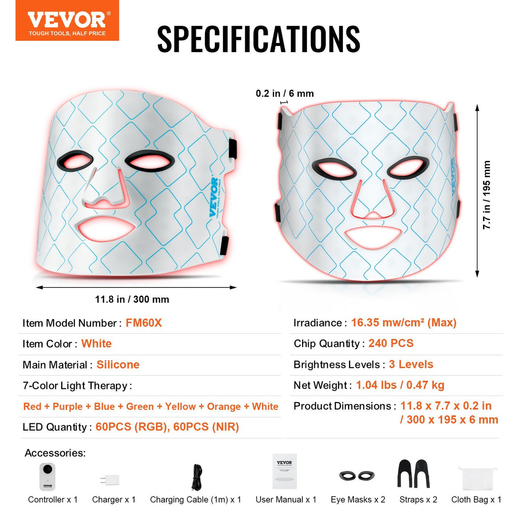 VEVOR Red Light Therapy Mask 7-Color LED Face Mask